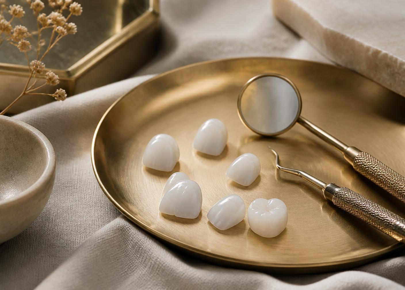 Hand-layered ceramic restorations on a brass tray