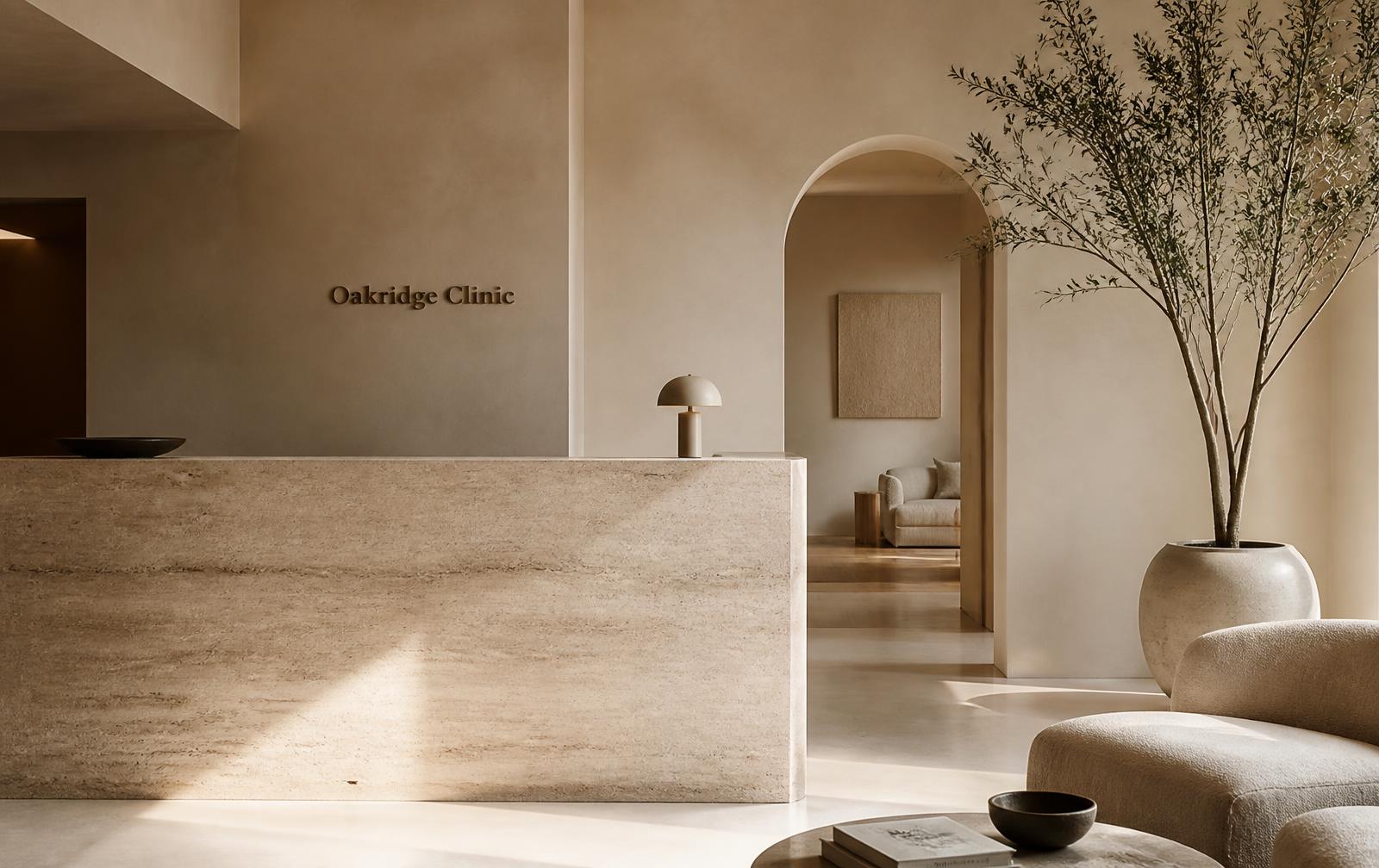 Reception at Oakridge with travertine desk, linen seating and an olive tree